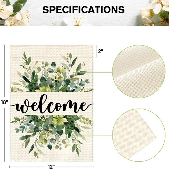 Spring Summer Floral Welcome Garden Flag 12x18 Inch Double Sided Outside, Eucaly - Picture 6 of 7